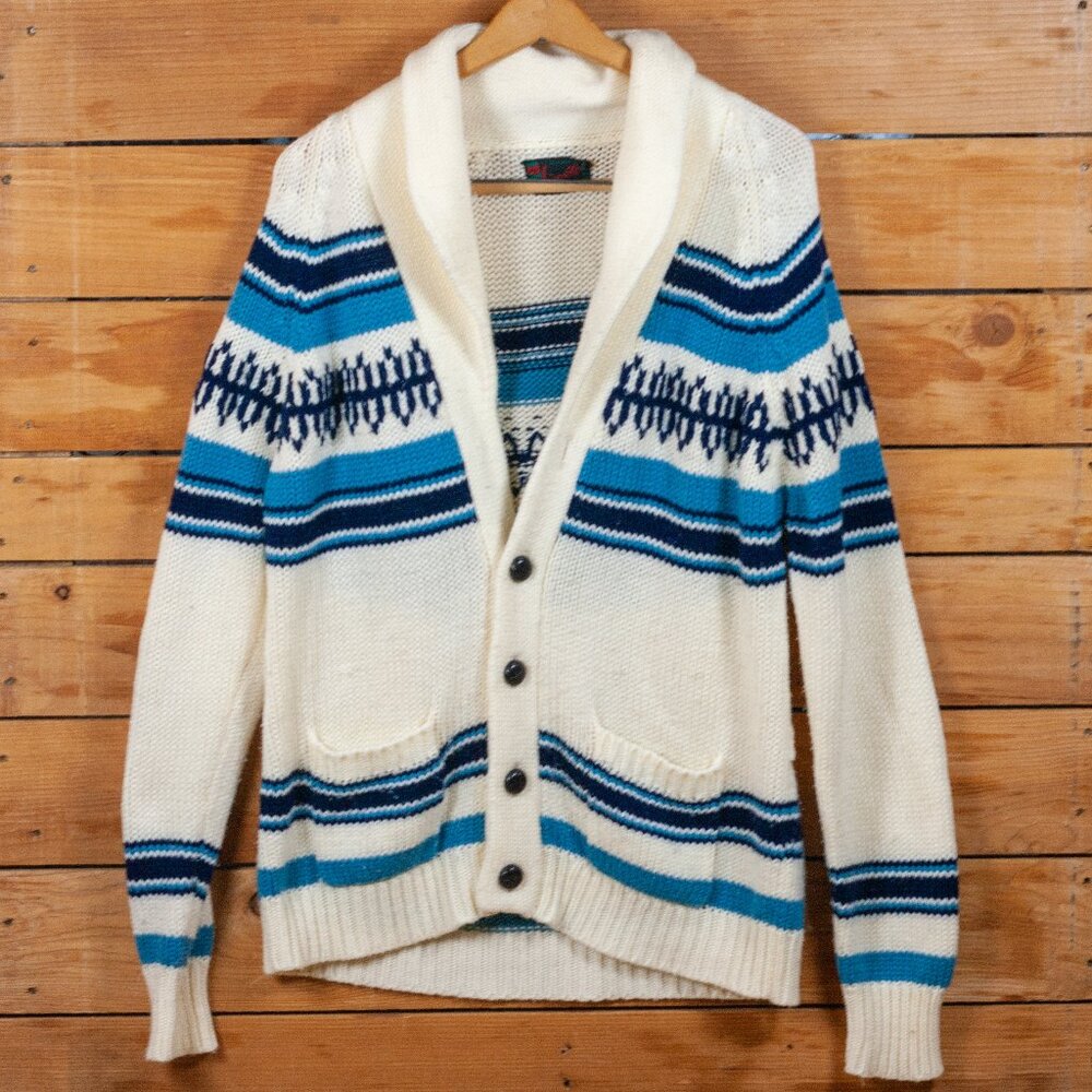 Vintage Sigallo Cowl Neck Acrylic Cardigan in Cream & Blue - LG